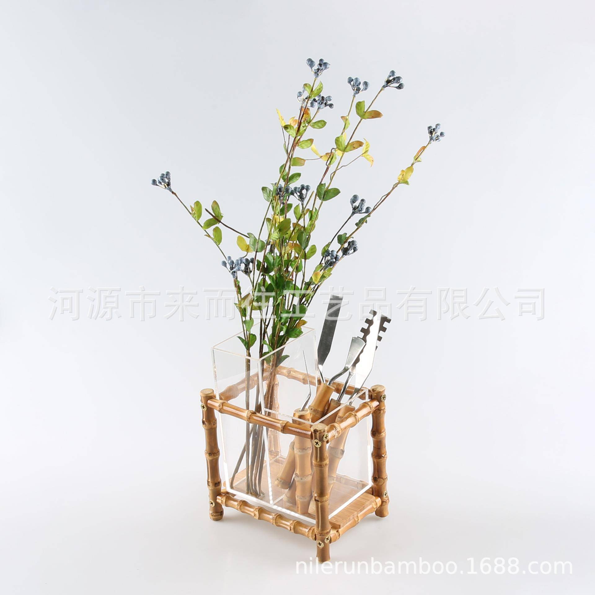 双格笔筒节根架竹形高低两格方透明亚克力桌面花瓶25化妆插刷收纳