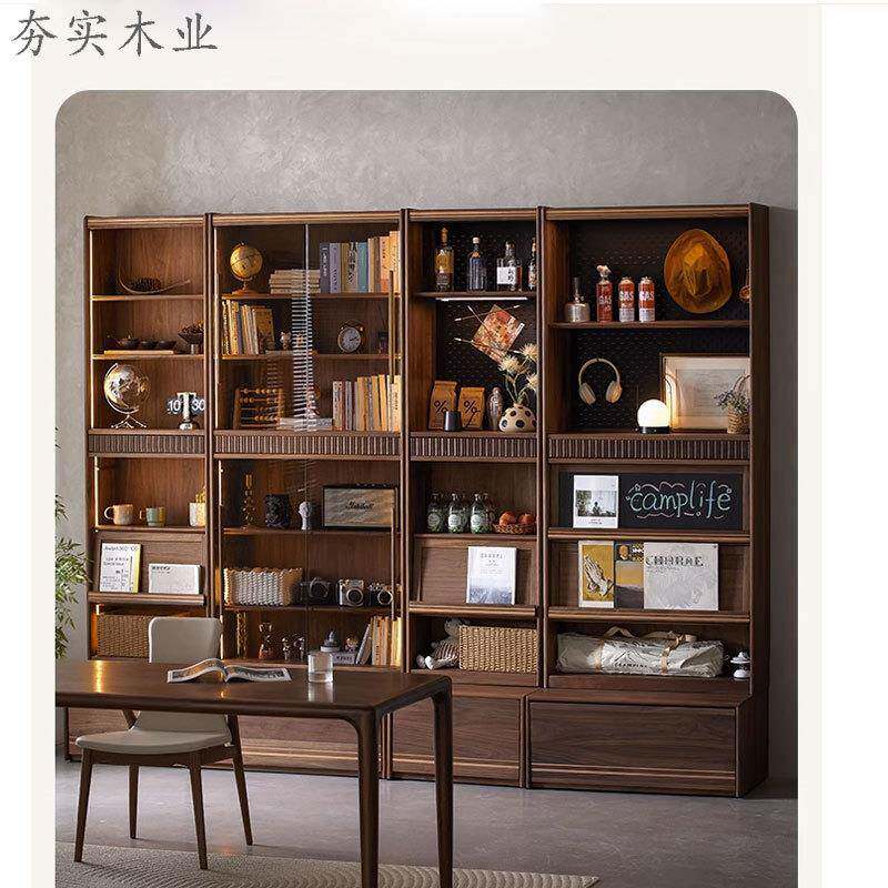 美北黑YIP胡合桃木实木组书柜玻璃柜防尘落地柜樱桃木展示储物餐