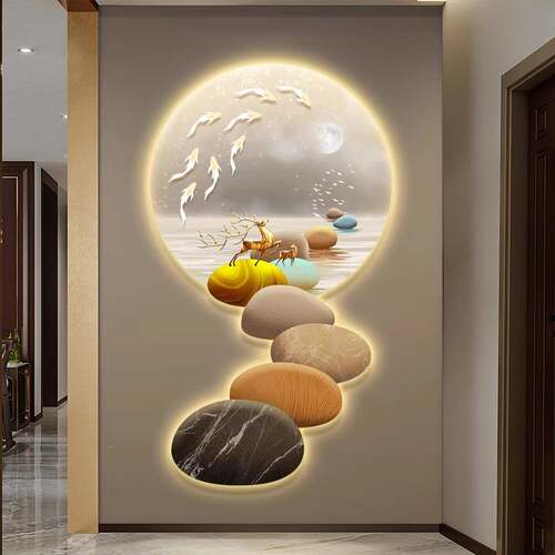 石l来运转e关d带灯轻精雕灯画入户奢玄装饰画简约现代挂画走廊过