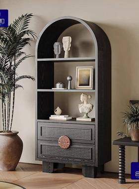 美式中古奢书风柜客厅黑色置物轻架DPR收纳展抽屉法式复古拱形门