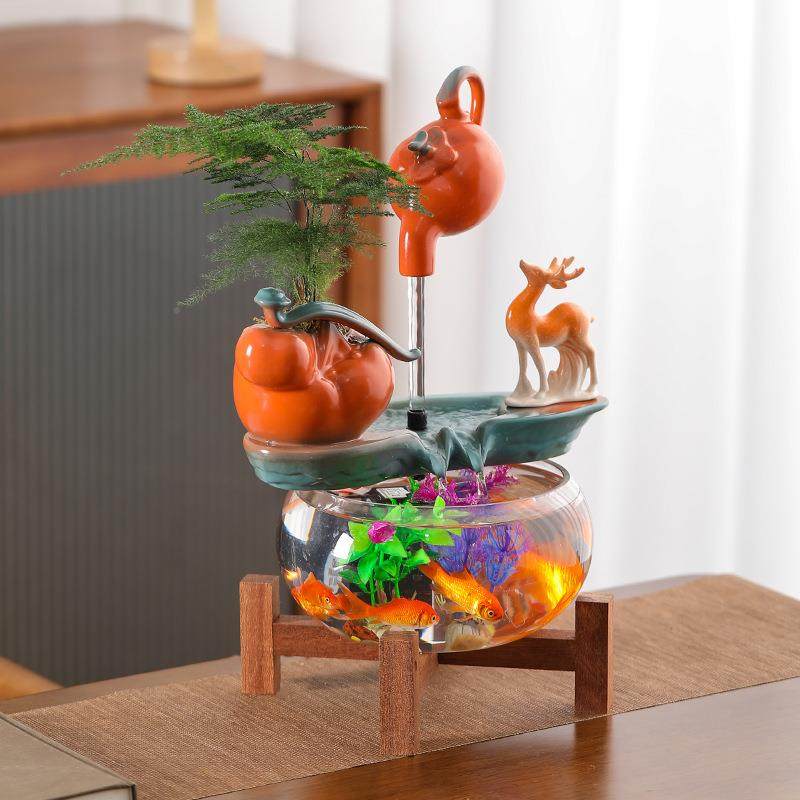 室中式流水生财鱼缸摆FTB件循环水造景水装饰客厅办公桌金面招财