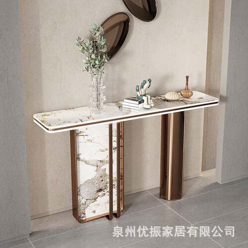 轻奢大理石纹玄关台桌不钢玄锈关入客厅端景VMA台窄条案户岩板玄