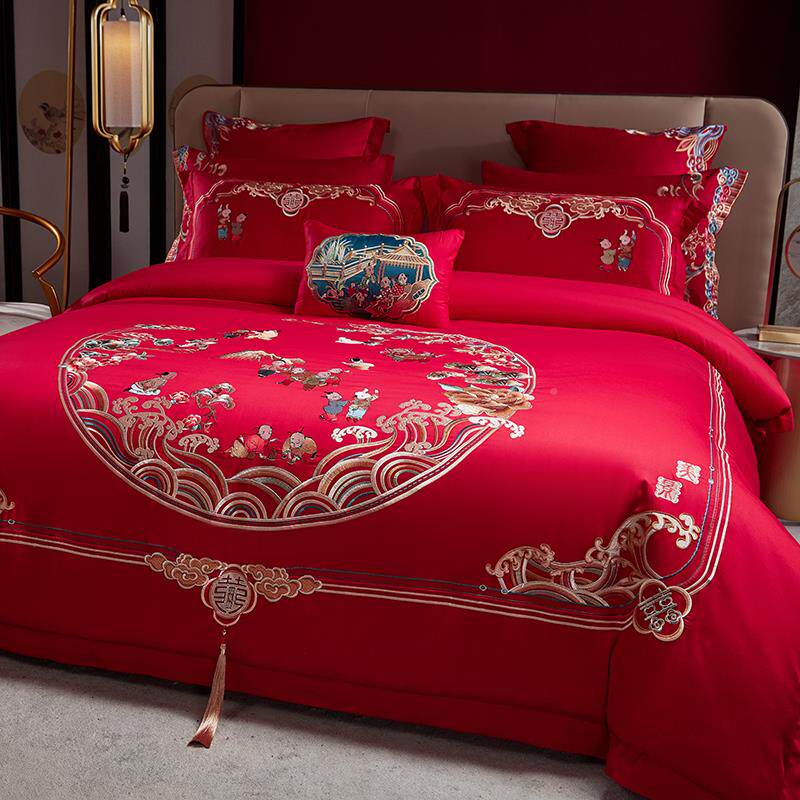 中式16JCU0支棉百纯结子图婚庆四件套全大红喜被婚十件套床棉上用