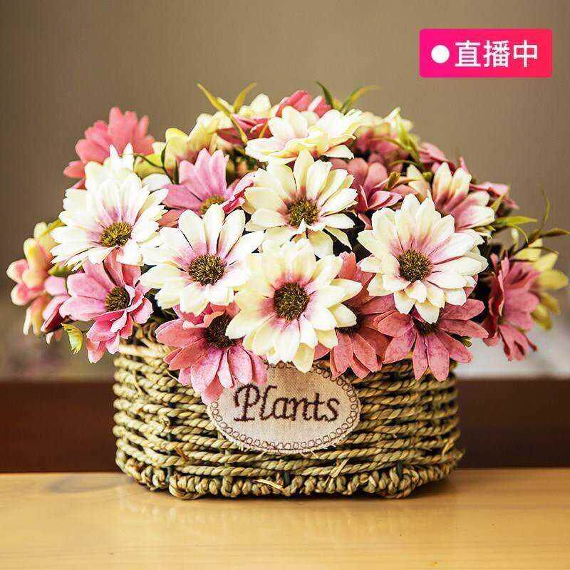 竹篮摆件绿植室内装饰墙壁花假花机防真花道具摄影T装饰品朔料摆