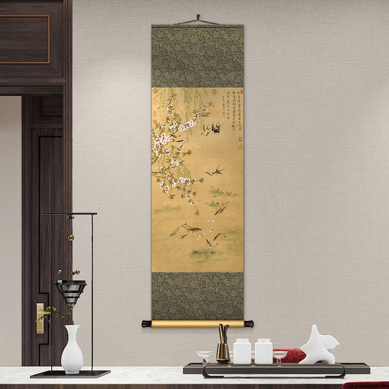恽寿平燕喜鱼g乐图中式丝绸卷轴挂画茶室玄关装饰画客饭厅书房壁