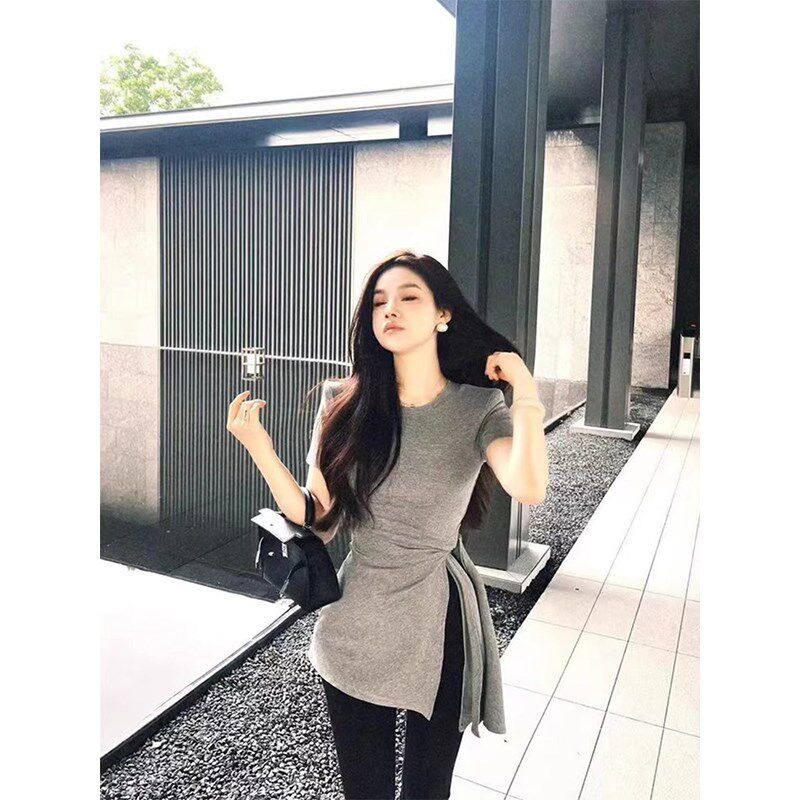 灰色不规则绑带正肩短袖t恤女夏季设计感中长款开叉修身收腰上衣