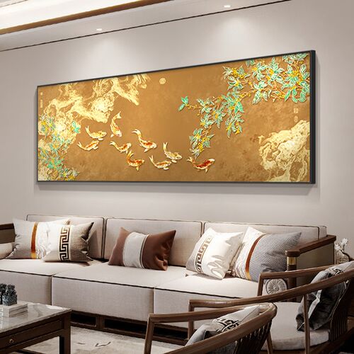 金色招财九e鱼图客厅装饰画寓意好太湖石沙发背景墙挂画新中式壁