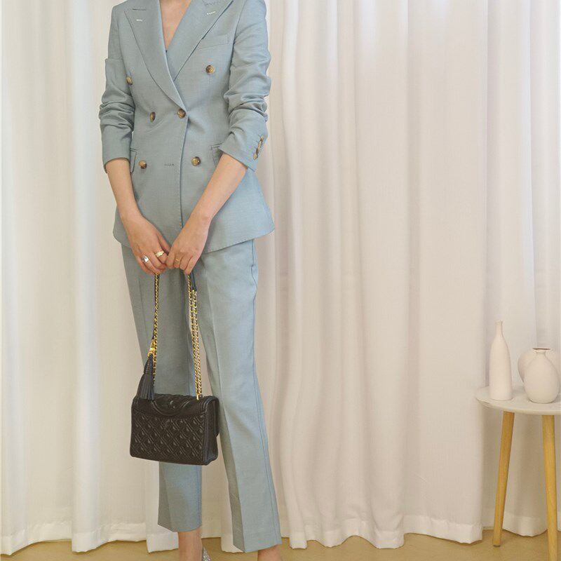 高级灰蓝色定制级别女士西装套装 通勤总裁通勤职业装气质细节款