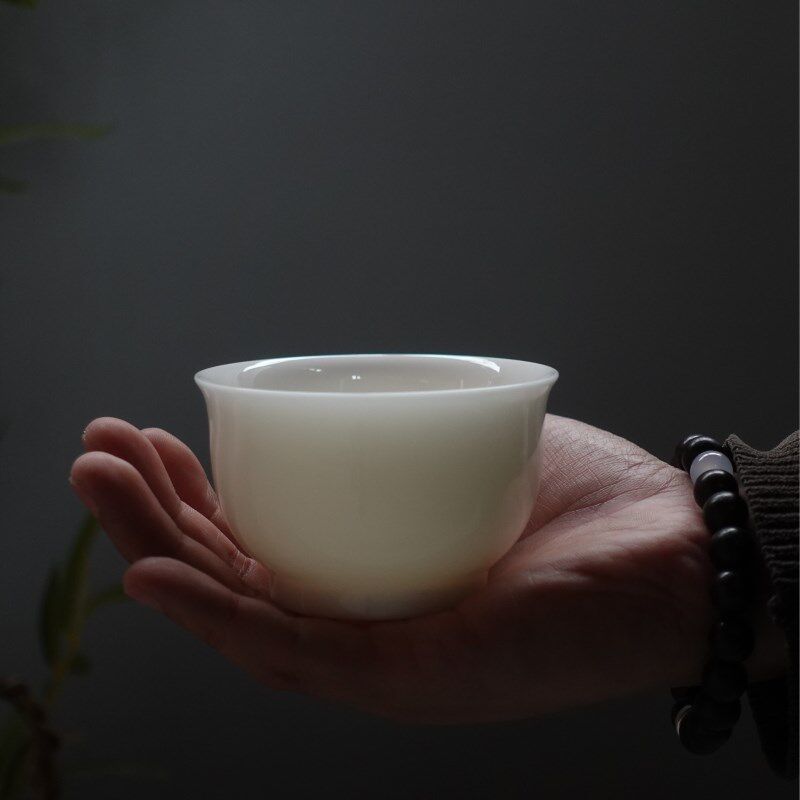 冰种玉瓷大压手杯元宝主人杯高档个人茶I杯纯白瓷羊脂釉烧原矿高