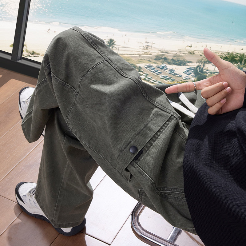 夏季2025新款美式复古休闲裤子男款薄款宽松直筒纯棉工装长裤男士