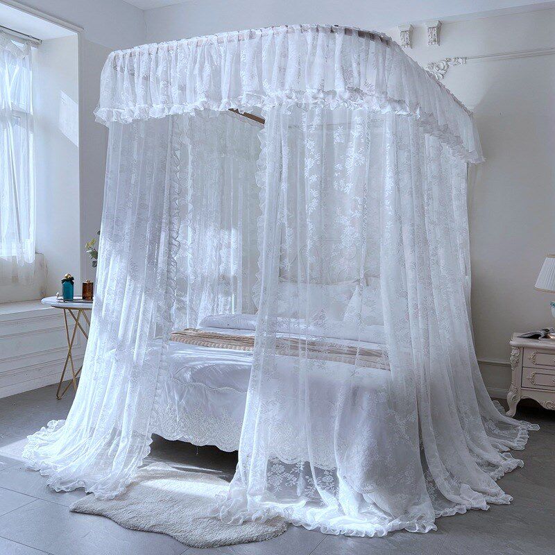 2022新款夏天导轨蚊帐家用u型轨道支架加密床幔公主落地窗帘纹帐
