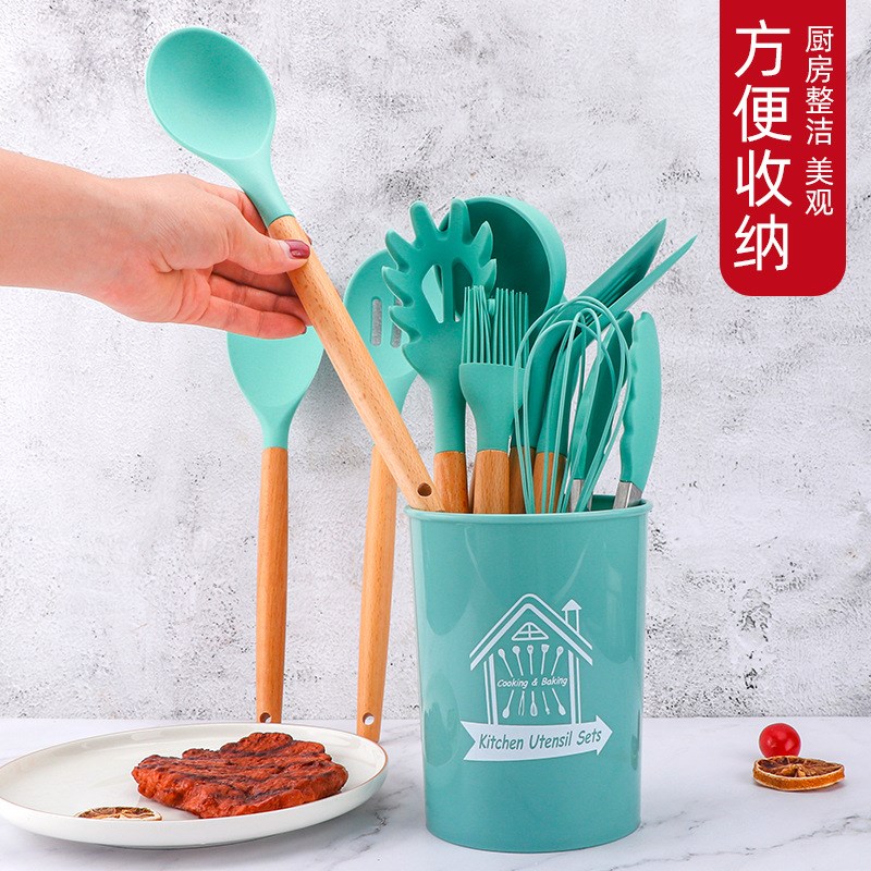 现货收纳桶装木柄硅胶厨具12件套硅胶厨具套装不粘锅锅铲汤勺套装