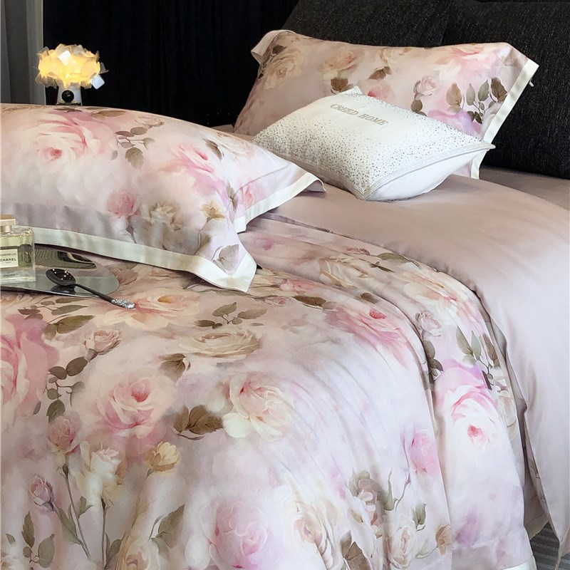 超柔爽滑法式田园风花卉数码印花超柔裸睡级高级感天丝棉四件套