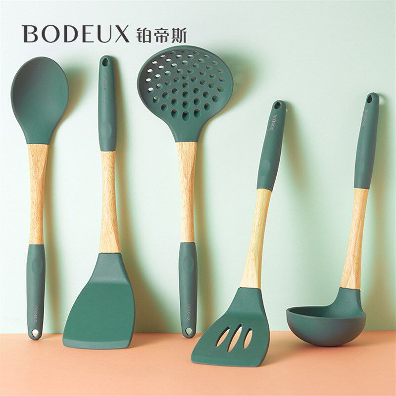 铂帝斯木柄硅胶厨具套装耐热尼龙不粘锅煎铲漏汤勺烹饪勺铲5件套