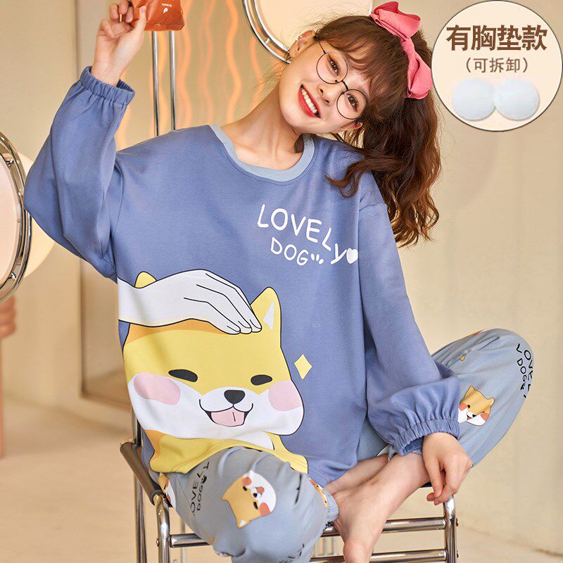 带胸垫睡衣春秋女款2022年新款纯棉长袖秋季薄款家居服套装网红风