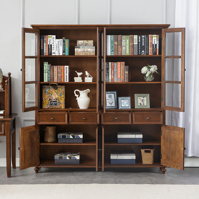 实木书柜美式乡村书橱4门玻璃柜书房家具收纳储物小书柜四门组合