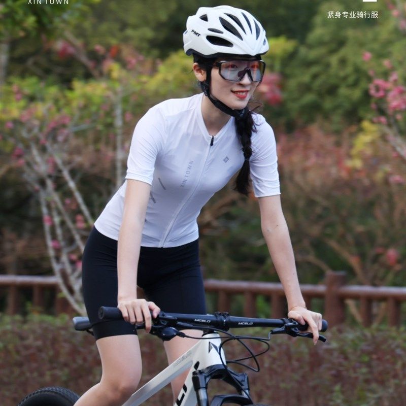 星恒骑行服女白色山地车短袖自行车夏季透气修身防晒上衣骑行装备