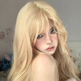 瑞娇女套日常网红长卷发自然白金色齐刘海水波纹全头套式