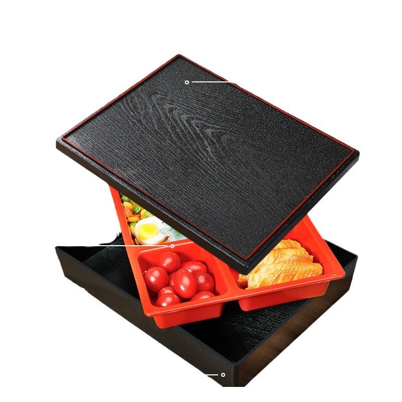 日式便当盒木纹商务餐盒加厚分格饭盒带盖带碗套装寿司盒快餐盒