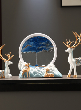 招财鹿流沙画沙漏摆件乔迁新家居客厅电视柜办Q公室装饰品轻奢高