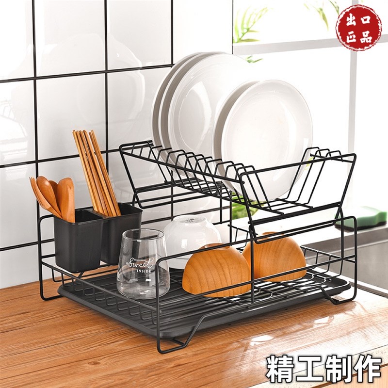 厨房置物架沥水架置物架铁线餐具碗碟架多功能双层V沥水碗碟架台