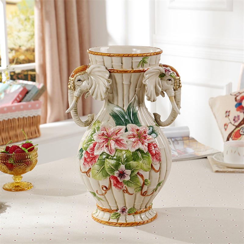 创意欧式田c园陶瓷花瓶摆件大象新中式客厅电视柜插花器家居装饰