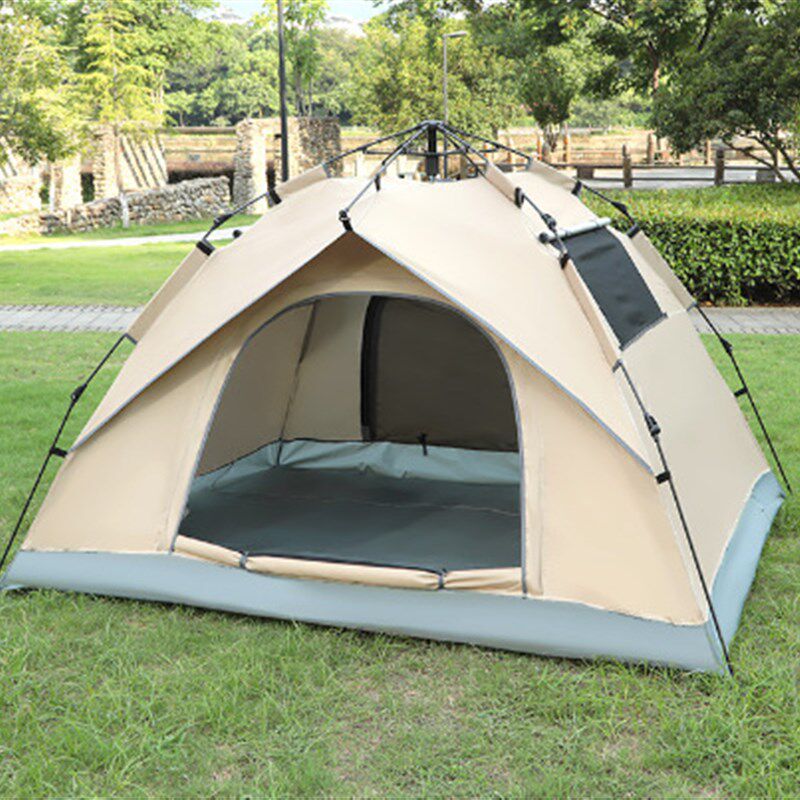 夏季户外露营帐篷两门两窗多人野营野餐速开自动帐篷假两层卡其
