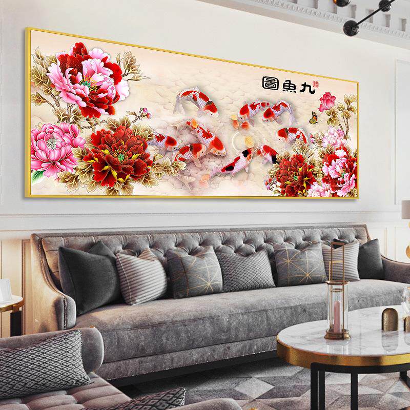 2022九鱼图十字绣自己线绣手工客厅大气家用牡丹花卉刺绣新款
