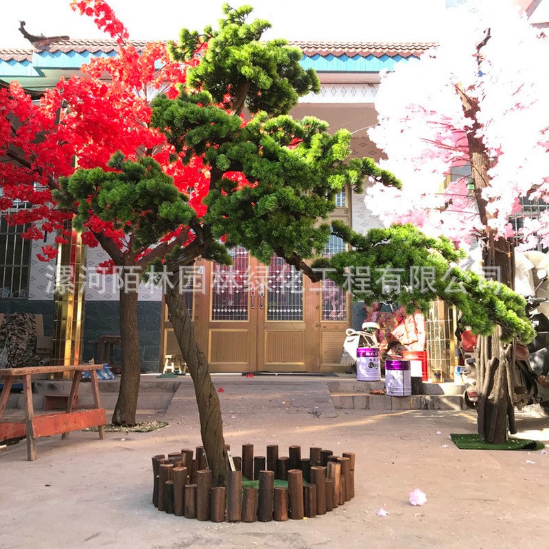 仿真松树罗汉松假松树商场室内装饰造型设计美人迎客松景观摆件