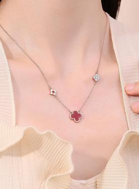 足银四叶草红玛瑙项链女吊坠