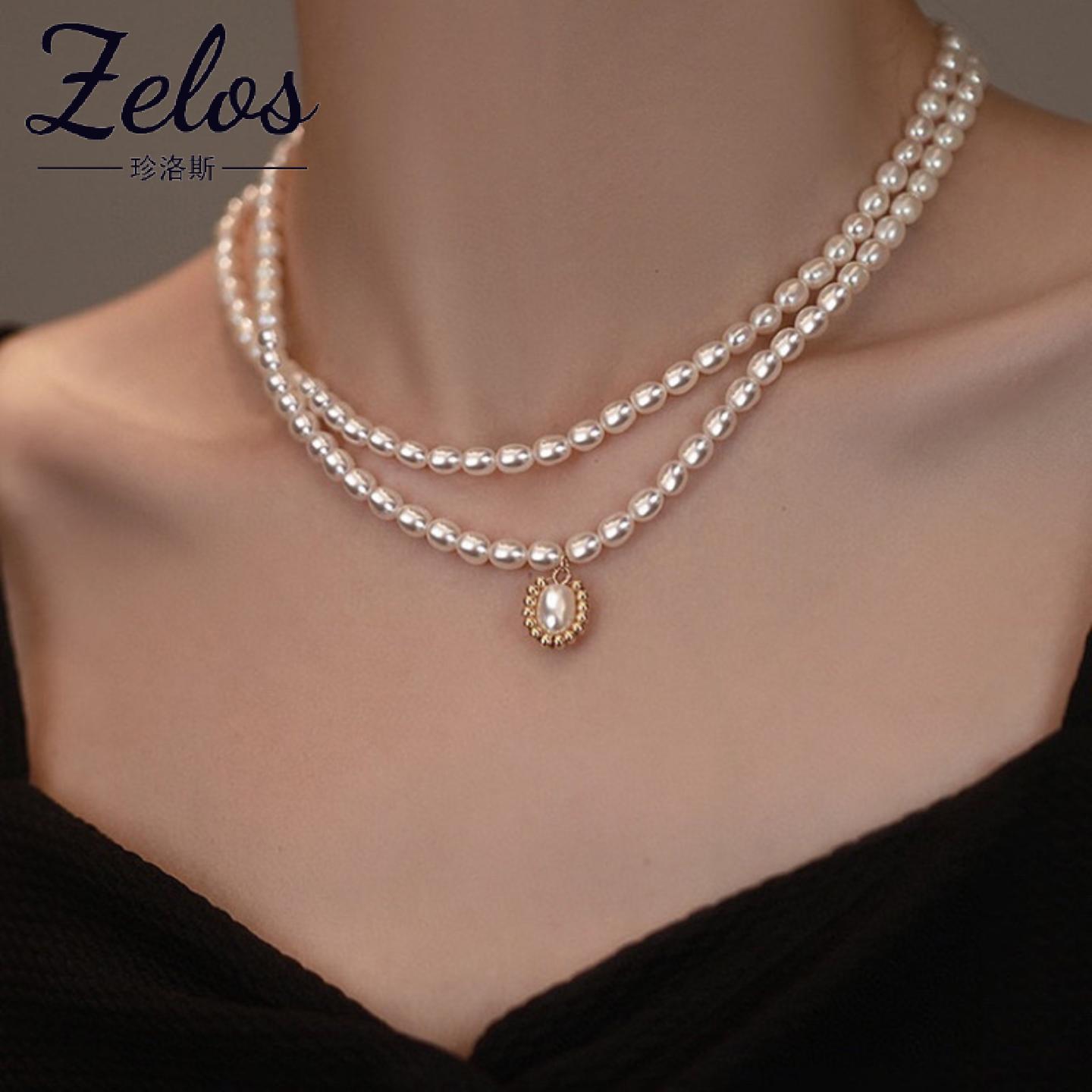 复古双层天然淡水珍珠项链女手工编织轻奢小米珠choker吊坠锁骨链