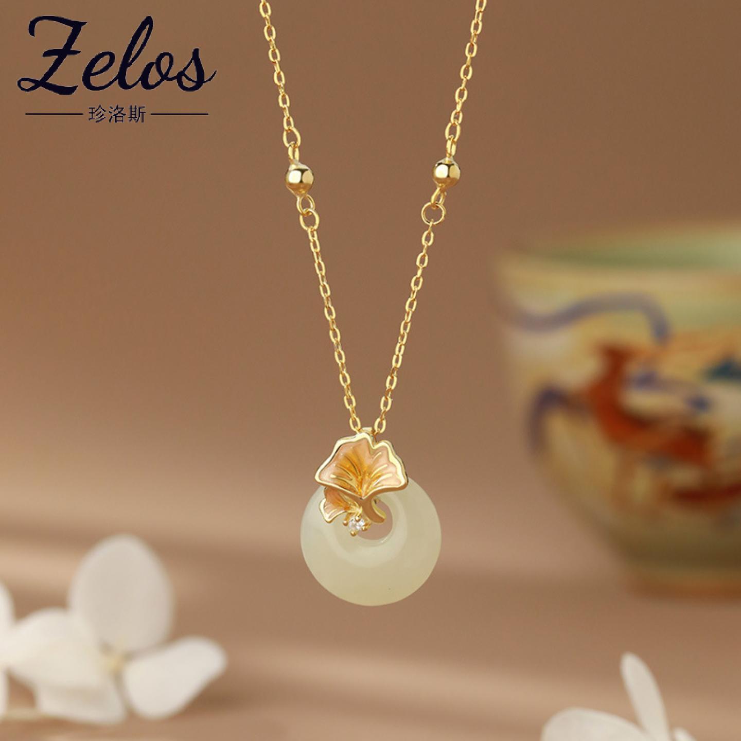 S999足银银杏叶玉髓平安扣项链女新中式复古文艺气质小众锁骨链