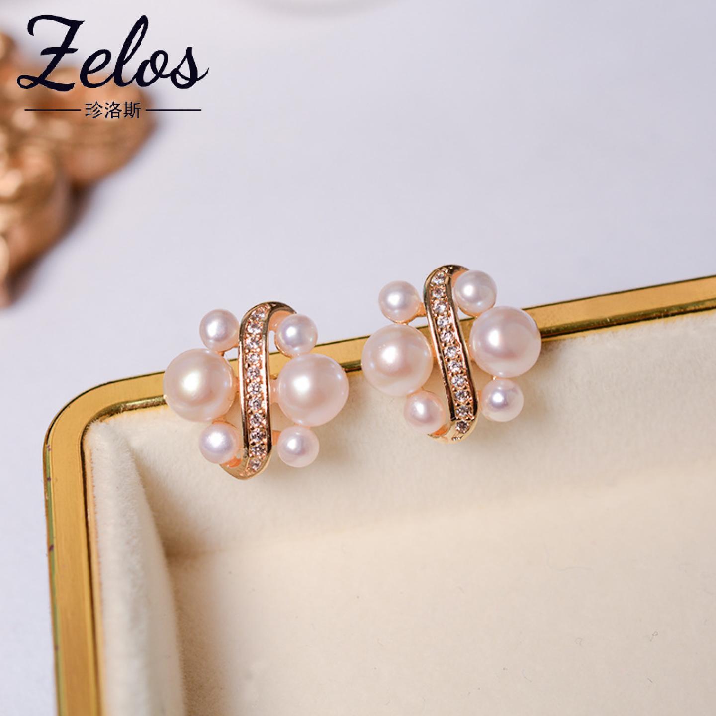 国潮新款天然淡水珍珠耳钉女ins古风925银针个性波浪耳环圆脸显瘦