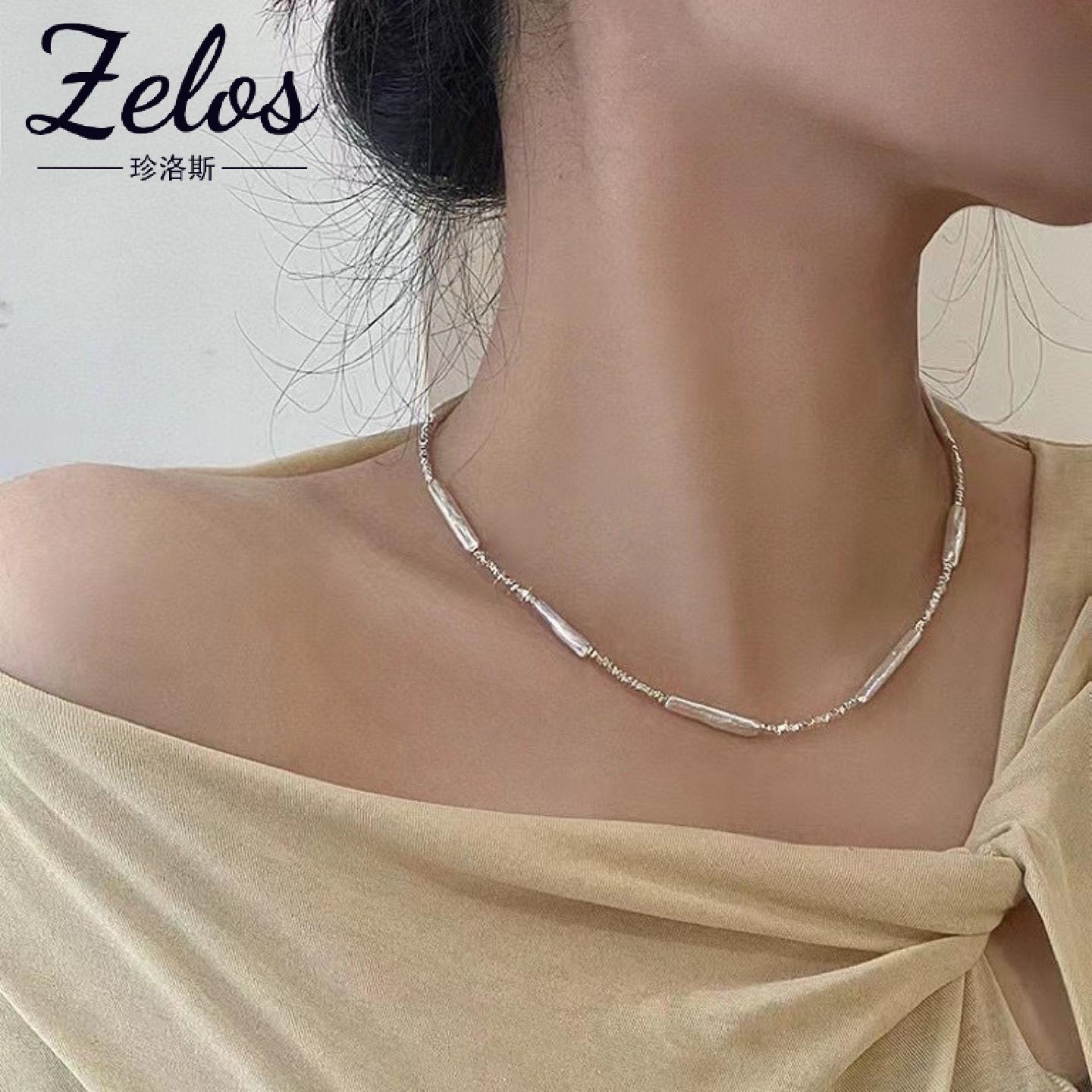 s925银碎银子巴洛克牙签淡水珍珠项链女高级感轻奢小众锁骨链通勤