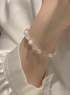 新款天然淡水珍珠水晶手链女夏抽拉式调节简约百搭高级感小众手饰