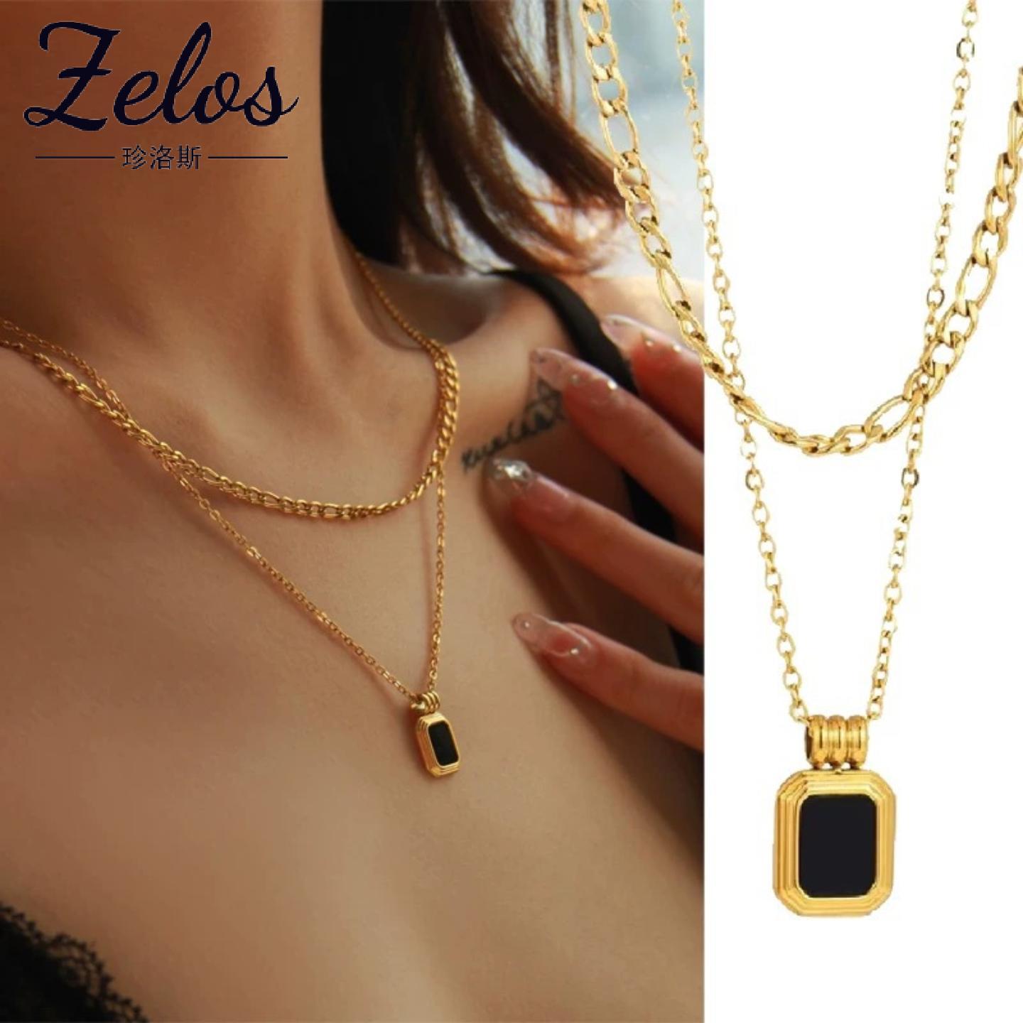 欧美时尚罗马黑方块双层叠戴S925纯银项链气质百搭锁骨链项饰批发