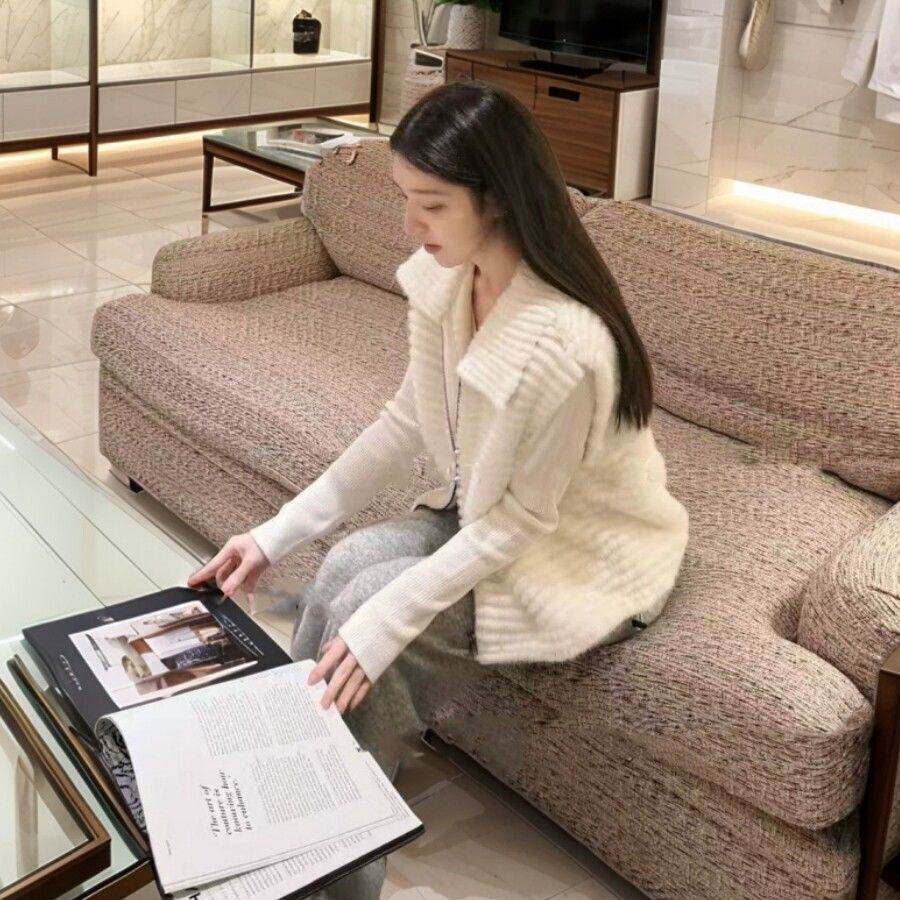 女仿天鹅绒短款环保水貂方领毛毛上衣宽松车条纹女装皮草马甲外套