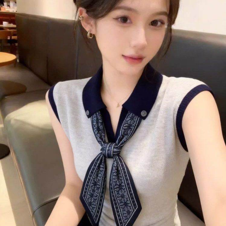 时尚撞色配丝巾设计感小众恤女新款外穿高级感气质无袖显瘦上衣