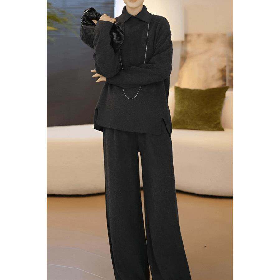 春夏慵懒松弛感套装女轻奢高级感翻领针织长袖上衣阔腿长裤两件套