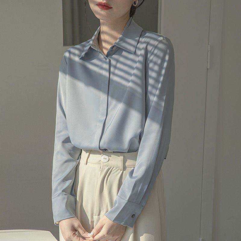 春季新款缎面衬衫女长袖时尚百搭雪纺上衣气质女士高级感职业衬衣