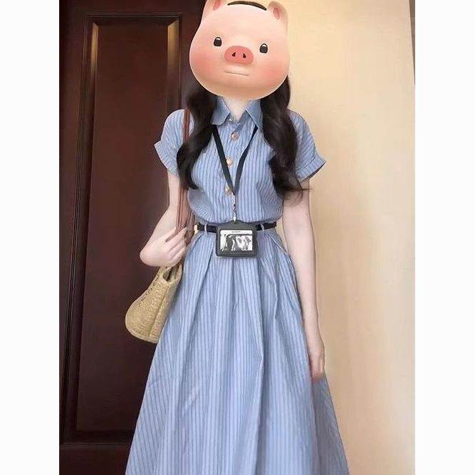 2026新款韩系气质夏季蓝色领文艺条纹连衣裙女装教资面试裙子