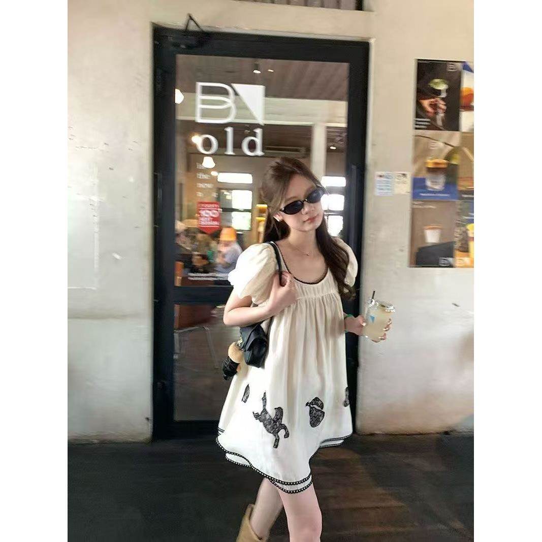 同款重工连衣裙少女夏蕾丝刺绣短款温柔娃娃裙小众韩版气质