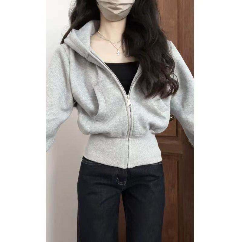 连帽修身卫衣拉链外套女款紧身收腰穿搭正肩收腰连帽开衫上衣显瘦