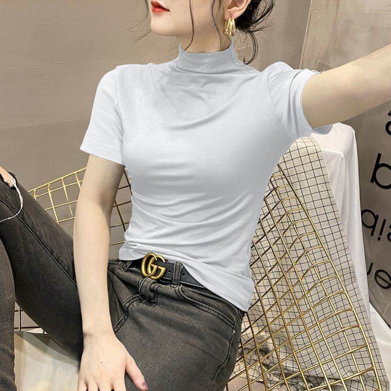 莫代尔半高领短袖打底衫女新款春夏百搭薄款黑色半袖恤女上衣潮