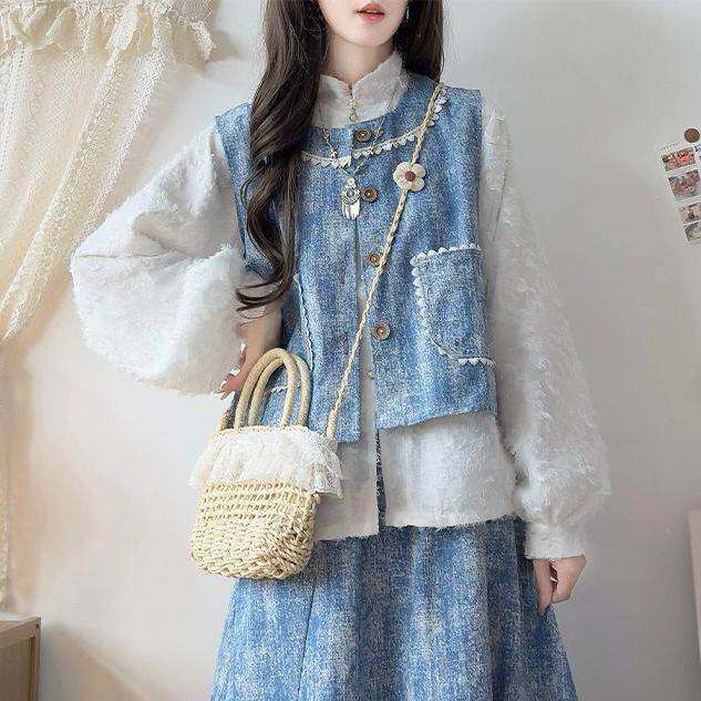 蓝色小清新牛仔提花套装裙女春秋2026新款设计感马甲半身裙三件套