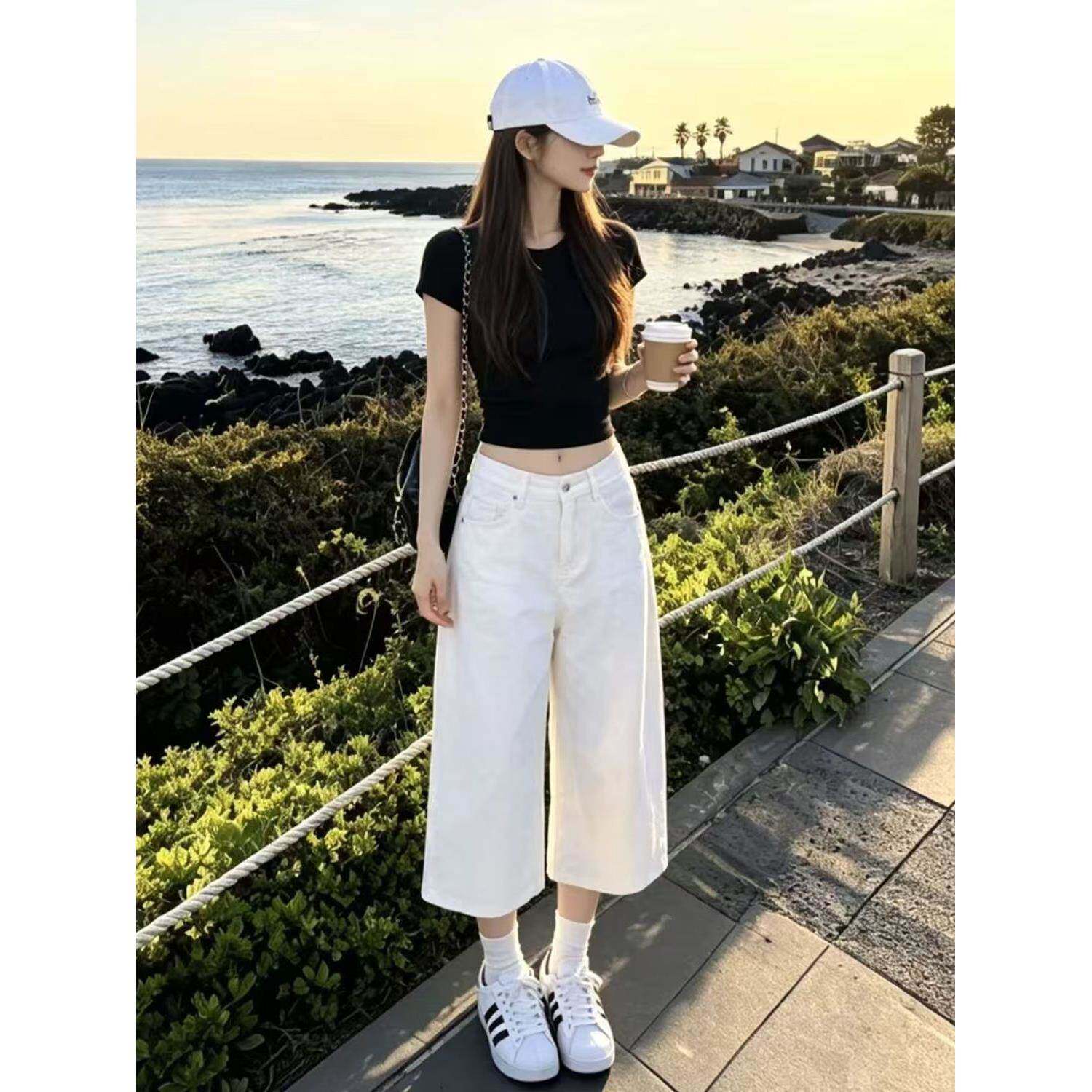 小个子美式白色阔腿七分牛仔裤女夏季新款宽松高腰显瘦直筒中裤子