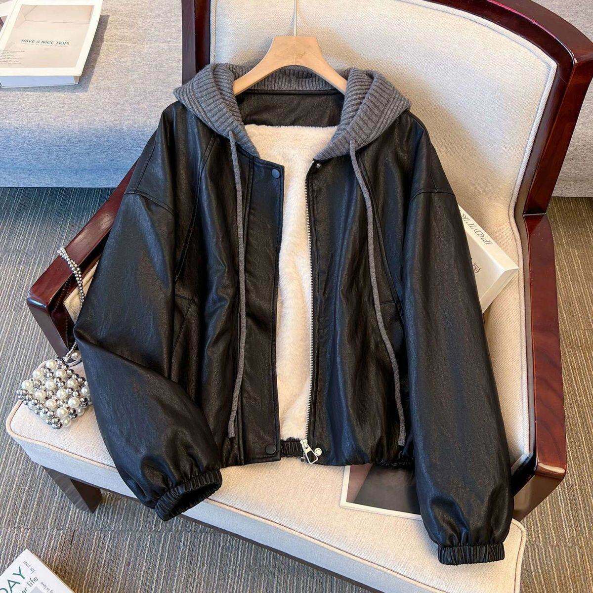 巨好看针织连帽拼接皮衣外套加绒加厚女2026初冬新款机车服夹克