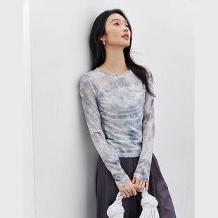 浅灰色设计晕染长袖恤女2026春季新款网纱打底衫内搭上衣