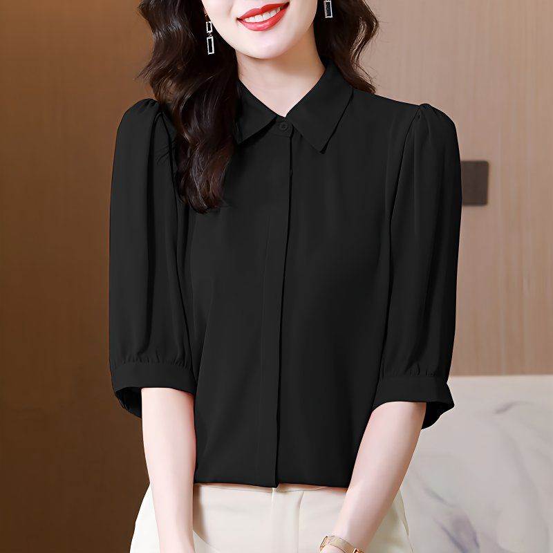衬衫女夏五分袖时尚气质黑色显瘦短袖雪纺衫高端洋气泡泡袖上衣