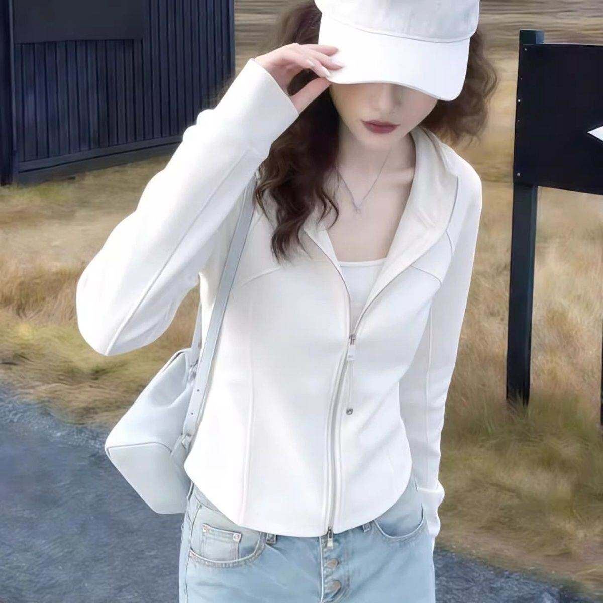 白色连帽拉链长袖卫衣外套女2026新款春秋设计感修身显瘦短款上衣